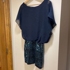 AS U WISH | NAVY MINI DRESS WITH SHEER OVERLAY TOP & SEQUIN BOTTOM | SIZE S